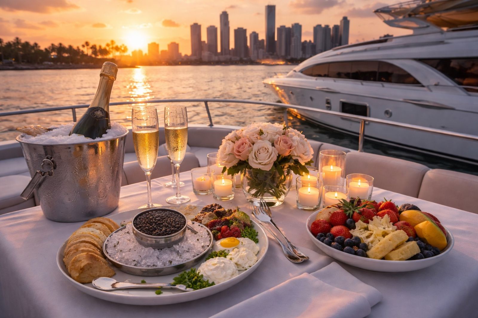 Caviar and Champagne Experience — luxury setup on yacht with Miami skyline