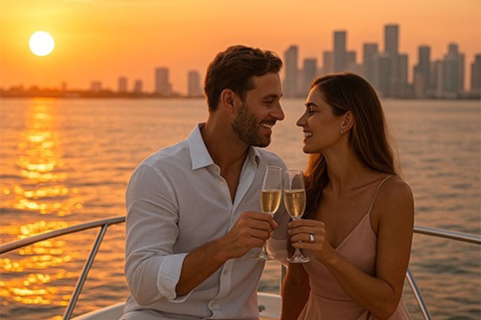 Romantic Sunset Cruise — couple toasting with Miami skyline