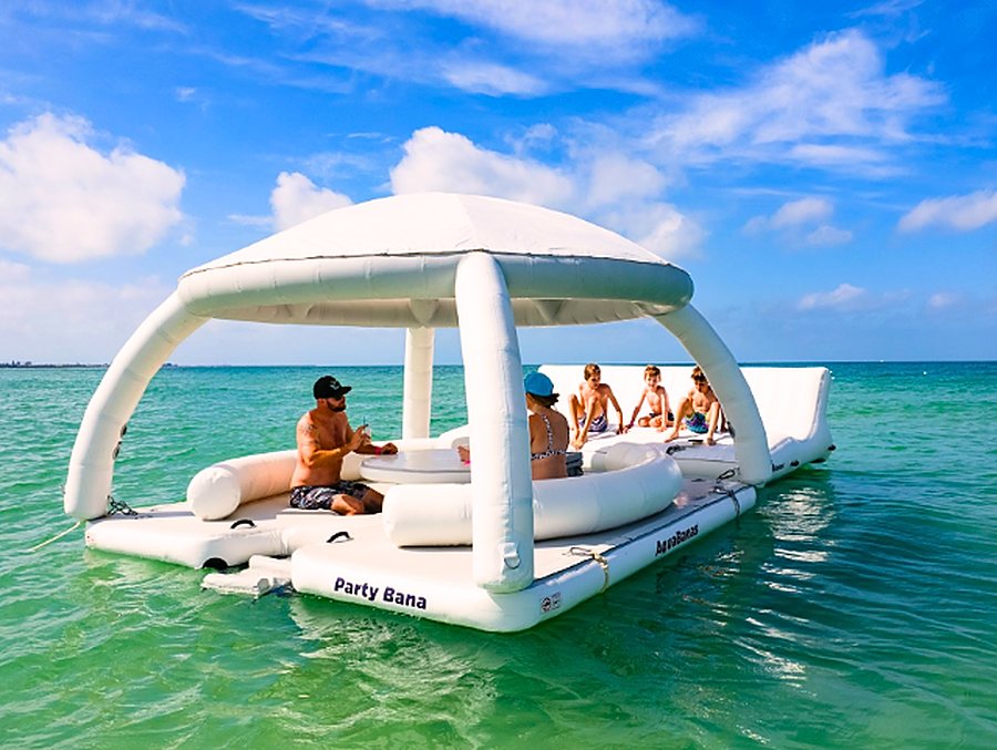 Floating cabana with shade cover at a Miami sandbar