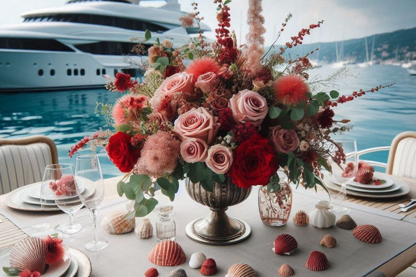 Florals and Styling — elegant rose arrangement on yacht table