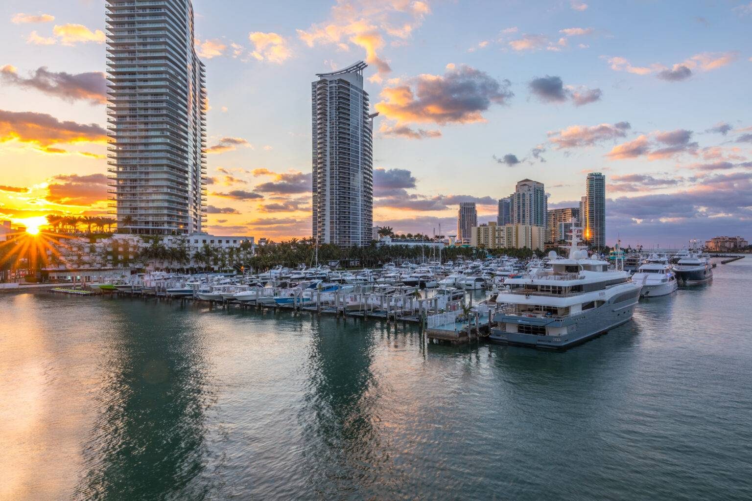 Miami Beach Marina at sunset, South Beach, where Yachts MiamiVice charters depart